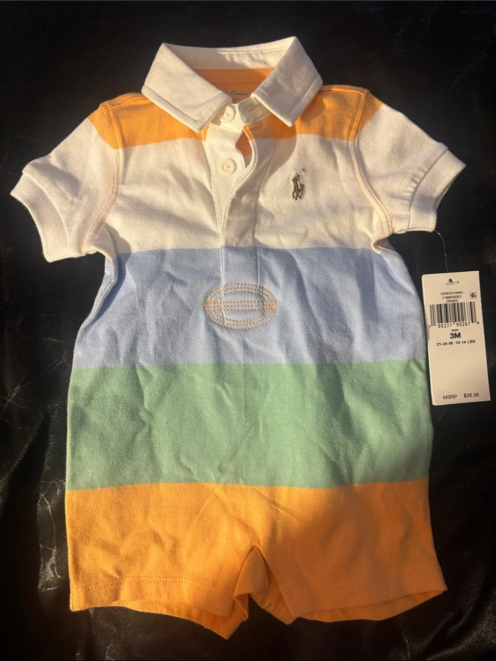 Ralph Lauren Orange, White, Light Blue & Mint Striped Polo Romper